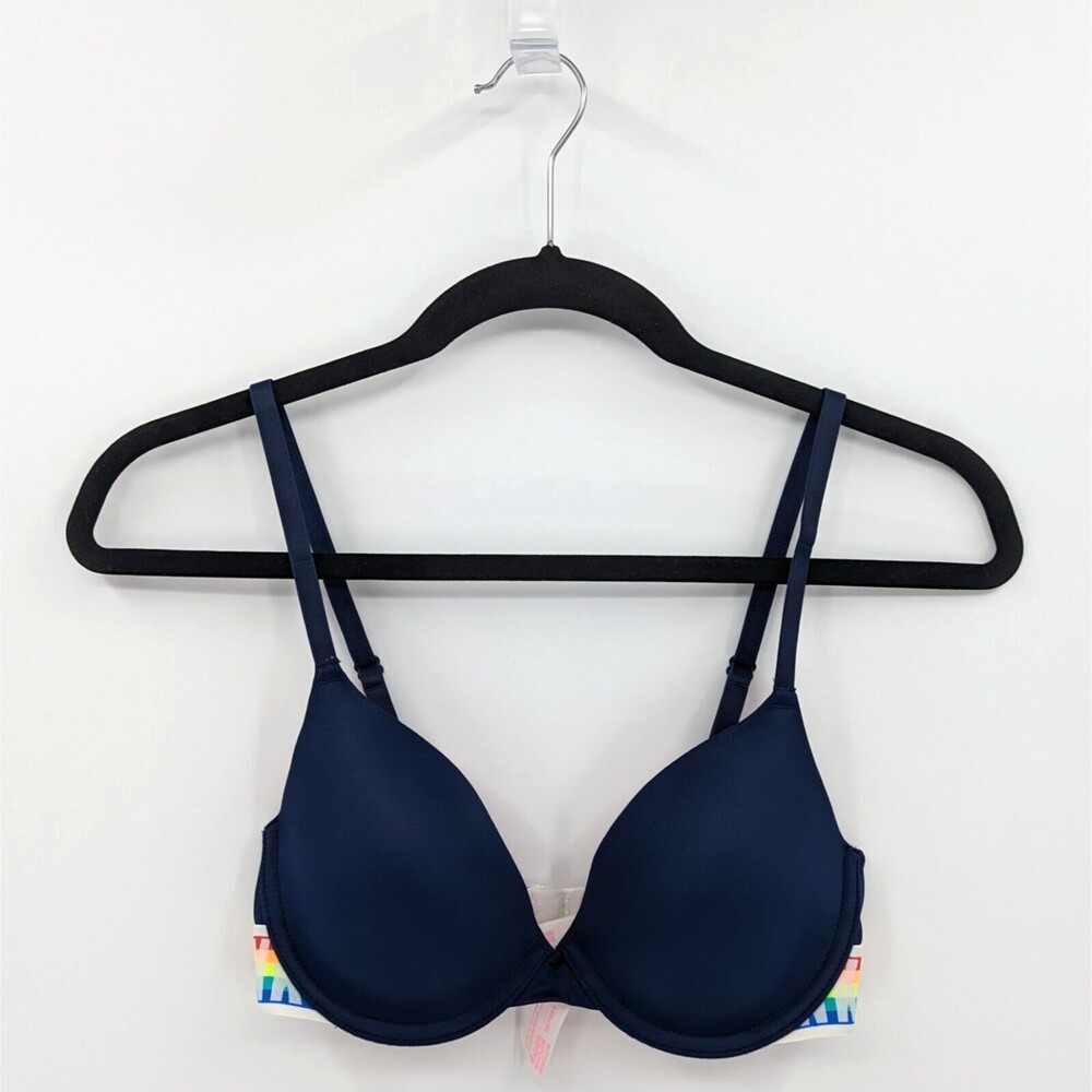 Victoria's Secret PINK Bra  32C Blue Colorful Logo T-shirt Lightly Lined